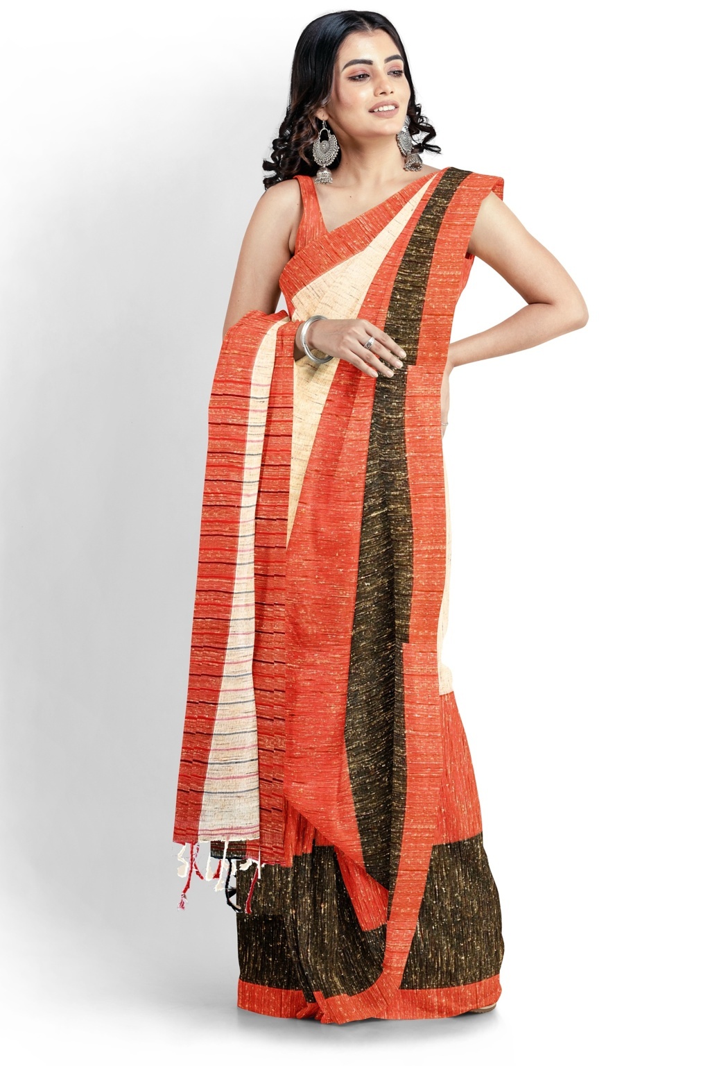 Red White Pure Cotton Kusu Hand Loom Saree (1282)